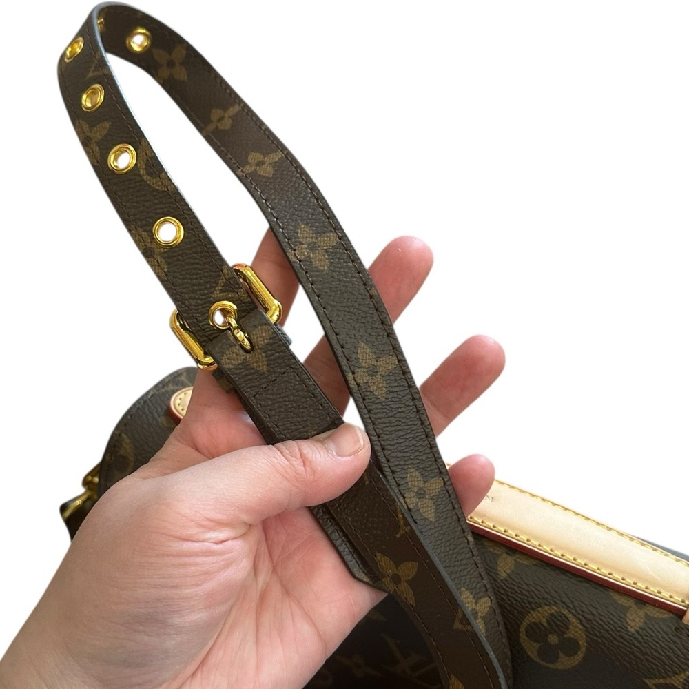 Designer Inspired Monogram Print Flap Crossbody Bag Gold Hardware Faux Leather - Picture 6 of 7